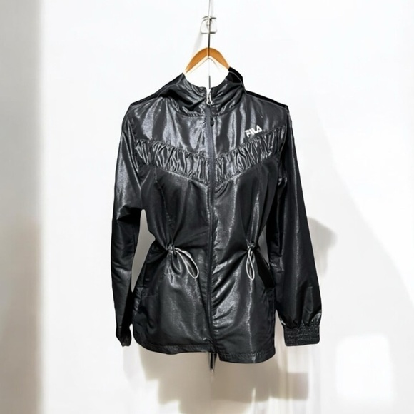 🌻FILA Metallic Black Lightweight Full Zip Hooded Jacket 80s/90s Vibes Size M - Picture 1 of 10